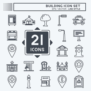 Building Icon Set in trendy line style isolated on soft blue background