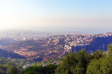 Scenic view from the mountain of the capital Beirut at sunset. Republic of Lebanon