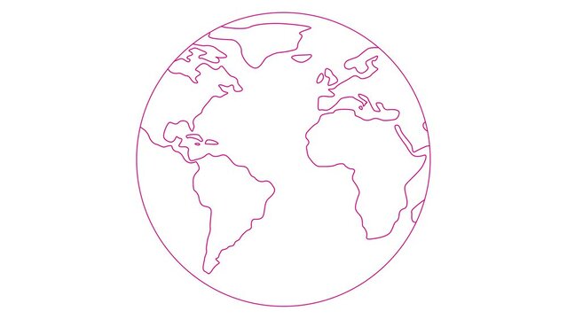 Animated linear pink symbol globe is drawn. Gradual drawing a magenta planet Earth. Concept of travel, internet, ecology, globalization, network. Vector illustration isolated on white background.
