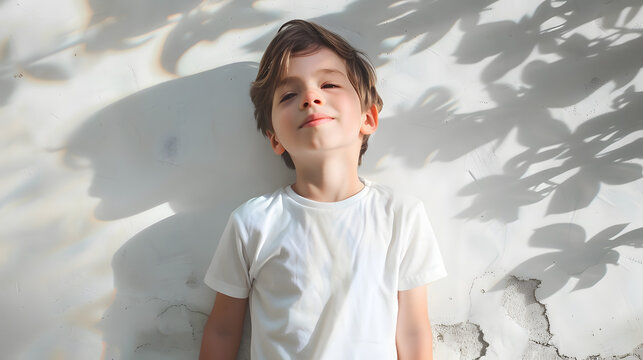 mockup featuring a child wearing a white shirt, showcasing its versatility for various designs and styles, shadows of sun