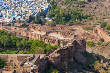 View to the blue town and the wall from the Mehrangarh Fort in Jodhpur, Rajasthan