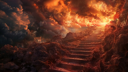 Stairway to the entrance gates of heaven or hell and underworld lake of fire. Album art. - obrazy, fototapety, plakaty