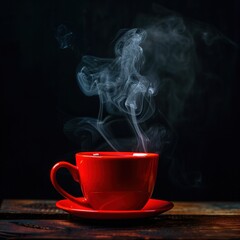 Red coffee cup and smoke On wooden a black background,Generative ai,