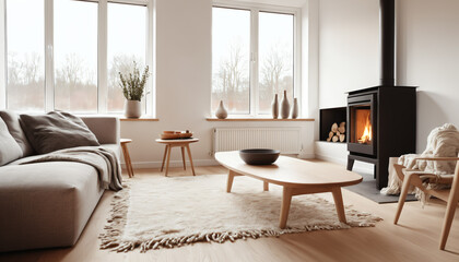 Scandinavian Minimalist Living Room with Wood Burning Stove