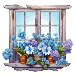 Blue rustic wooden window with beautiful flowers