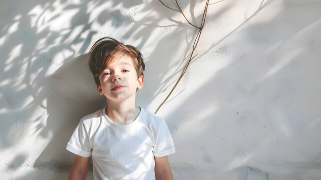 mockup featuring a child wearing a white shirt, showcasing its versatility for various designs and styles, shadows of sun