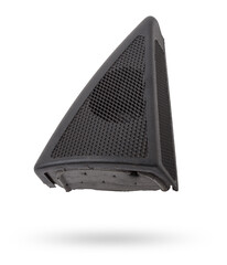 speaker of an acoustic system - an audio for playing music in a car interior on a white isolated background in a photo studio. Spare parts for auto repair in a workshop or for sale for tuning