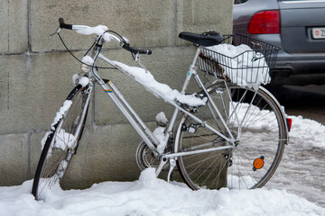 Bicycle buried in snow, Zurich, Switzerland