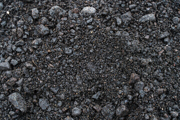 Black soil texture background. Black land surface. Farm agriculture field.