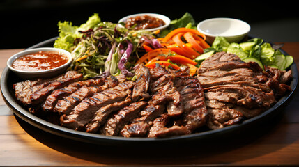 A platter of Korean barbecue with marinated beef and p