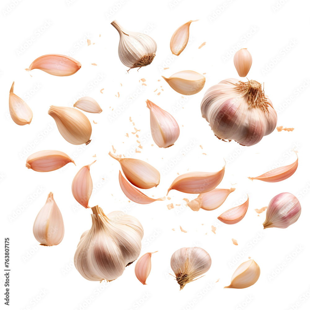 Wall mural flying garlic and cloves isolated on transparent background remove png, clipping path, pen tool