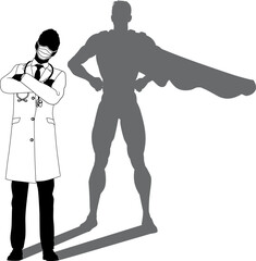 A superhero medical doctor man health care worker revealed by his shadow silhouette as a super hero in a cape.