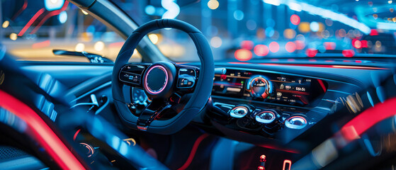 A close-up of the dashboard and steering wheel of a futuristic electric car in a showroom, showcasing modern design and innovative technology.