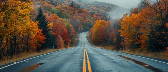 Foto op Plexiglas A car journey on a scenic road surrounded by autumn foliage, conveying the beauty of road trips and seasonal landscapes. © Dojirich ai