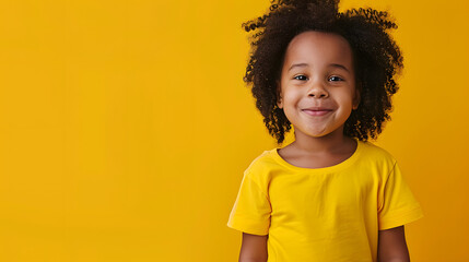 cheerful mockup exhibiting a happy young black boy in a yellow t-shirt against a bright yellow background, radiating positivity and joy - obrazy, fototapety, plakaty