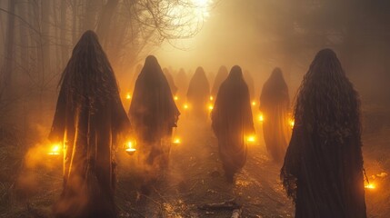 Witches in black robes gather for a Sabbath in the forest. Magic coven. Frightening mystical atmosphere. Witchcraft and magic. Evil women walk together to ritual meeting. Dark night.