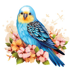 Budgie with Flowers clipart isolated on white background