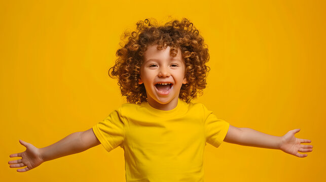 cheerful mockup exhibiting a happy young blond currly boy in a yellow t-shirt against a bright yellow background, radiating positivity and joy