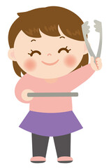 トレーとトングを持っている女の子のキャラクターイラスト