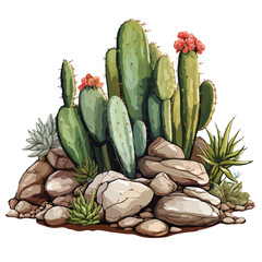 Cacti Growing Out Of Rocks clipart isolated on white