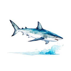 Shark watercolor painting, blue shark, marine animal, vector illustration, clipart, animal, clipart, dive, water splash, aquarium, dangerous animal, cutout on white background