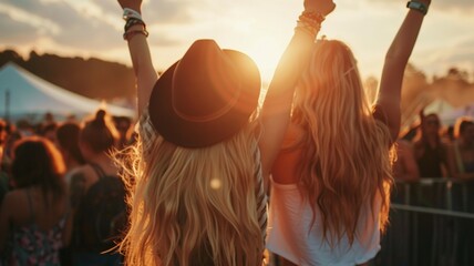 Two young women with long blonde hair One wore a black hat and the other wore a white shirt. Dancing at a music festival with arms raised in the air as the sun sets.ai generated. - obrazy, fototapety, plakaty