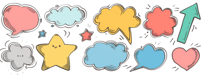 生动的线条艺术与多彩设计：手绘对话和沟通图标在充满活力的聊天气泡集合中