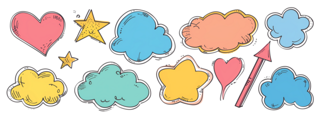 生动的线条艺术与多彩设计：手绘对话和沟通图标在充满活力的聊天气泡集合中