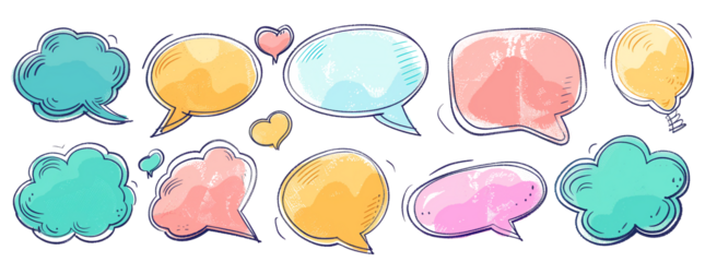 生动的线条艺术与多彩设计：手绘对话和沟通图标在充满活力的聊天气泡集合中
