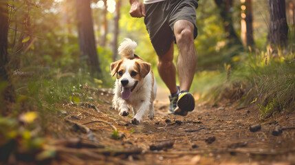 man running with a dog in a forest park