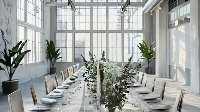 Interior of modern conference room with white walls, concrete floor, long wooden table with white chairs and vase with flowers.