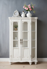 a white shabby chic cabinet isolated on a transparent background colorful background