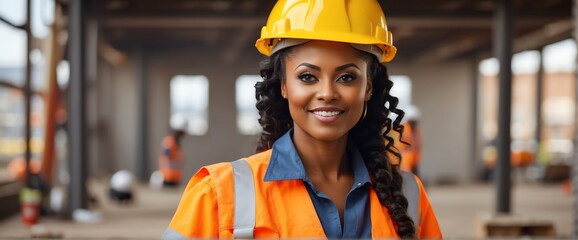 Female black african engineer architect on construction site smiling looking at the camera, copy space banner template backdrop from Generative AI - obrazy, fototapety, plakaty
