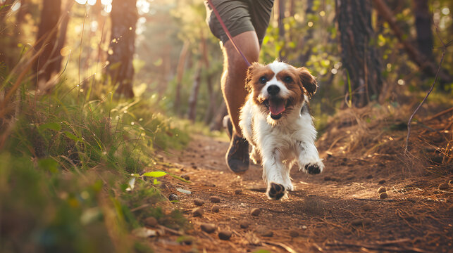 man exercising with a dog in a forest park, no face, sunny day