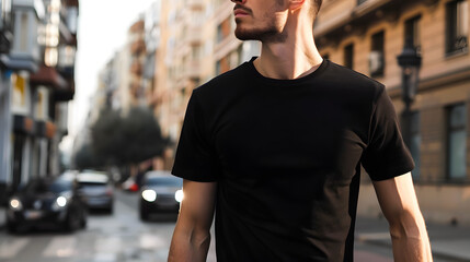 Fototapeta premium sleek mockup featuring a man in a blackt-shirt walking on a city street, without showing his face, offering versatility and anonymity
