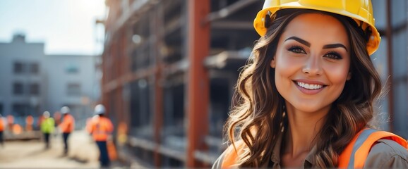 Female engineer architect on construction site smiling looking at the camera, copy space banner template backdrop from Generative AI - obrazy, fototapety, plakaty