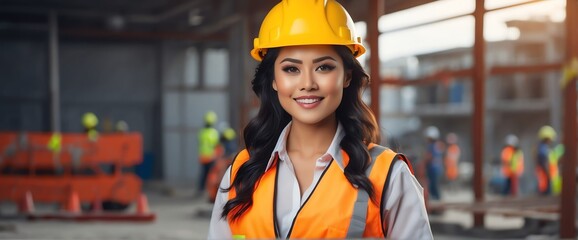 Female filipino engineer architect on construction site smiling looking at the camera, copy space banner template backdrop from Generative AI - obrazy, fototapety, plakaty