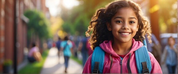 Happy smiling immigrant little kid girl carrying a backpack going back to school looking at the camera, copy space banner template backdrop from Generative AI