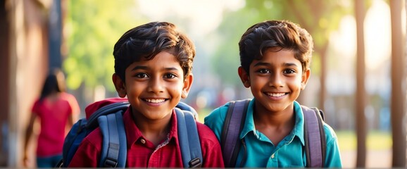 Happy smiling indian little kid boy carrying a backpack going back to school looking at the camera, copy space banner template backdrop from Generative AI - obrazy, fototapety, plakaty