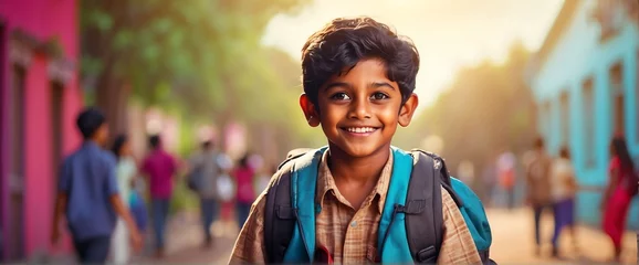 Fotobehang Happy smiling indian little kid boy carrying a backpack going back to school looking at the camera, copy space banner template backdrop from Generative AI © Arceli