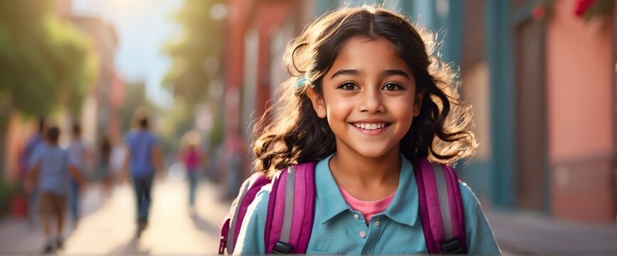 Fototapeta Happy smiling hispanic mexican little kid girl carrying a backpack going back to school looking at the camera, copy space banner template backdrop from Generative AI