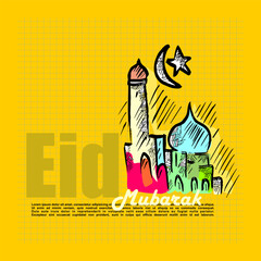 Happy Eid Mubarak, illustration of a mosque doodle vector