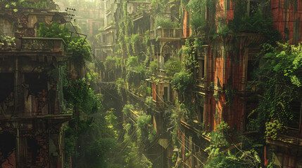 A postpocalyptic wasteland reclaimed by nature with