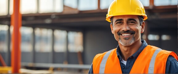 Male immigrant engineer architect on construction site smiling looking at the camera, copy space banner template backdrop from Generative AI - obrazy, fototapety, plakaty