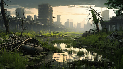 A postpocalyptic wasteland with abandoned skyscraper - obrazy, fototapety, plakaty