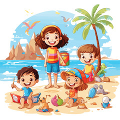 Children On The Beach clipart isolated on white 