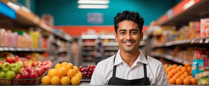 Male Immigrant grocery supermarket clerk worker employee on foods section smiling looking on camera, copy space banner template backdrop from Generative AI