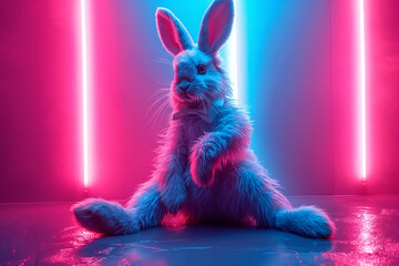 full length bunny sitting on the floor in neon lights - obrazy, fototapety, plakaty