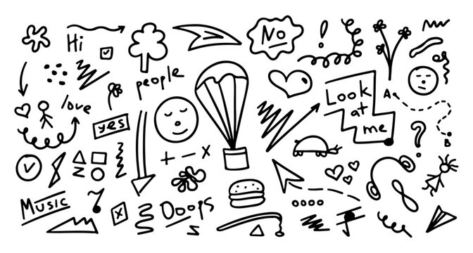 Vector set of different simple doodles. Hearts, arrows, sparkles, lightnings, signs and symbols. Hand drawn elements isolated on white background. Perfect for apparel, background design