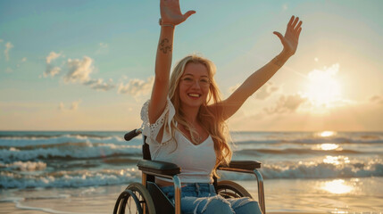 Happy disabled young woman in a wheelchair on the beach , beach accessibility and handicapped people holidays concept image